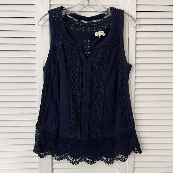 Anthropologie Tops - Anthropologie Meadow Rue Navy Blue blouse size M crochet eyelet scalloped hem